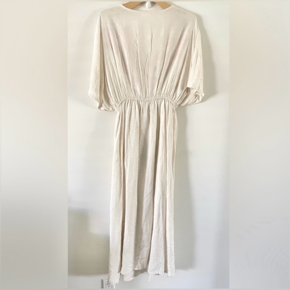 World Market Mira Linen Kaftan Dress L/XL Oatmeal Embroidered Floral - Picture 2 of 6